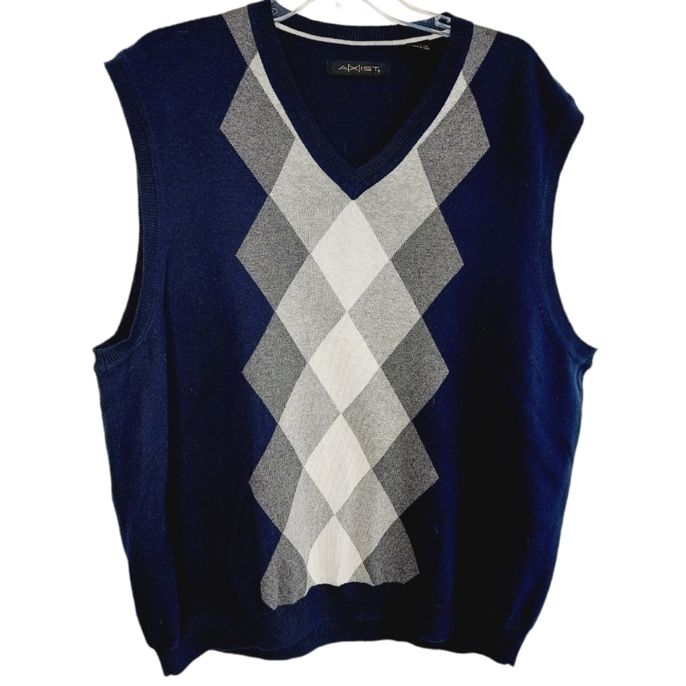 AXIST Sweater Vest Argyle XXL Navy Blue Gray 100% Cotton Classic Preppy EUC